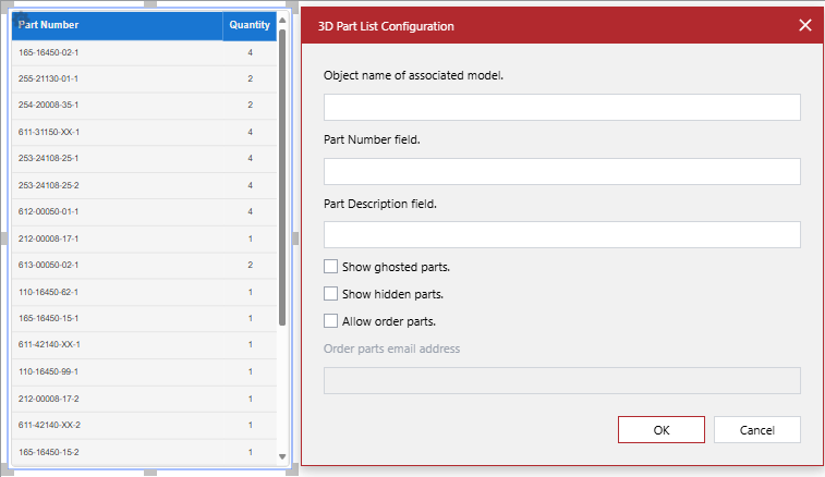 The 3D Part List Configuration pop-up dialog for a part list gadget