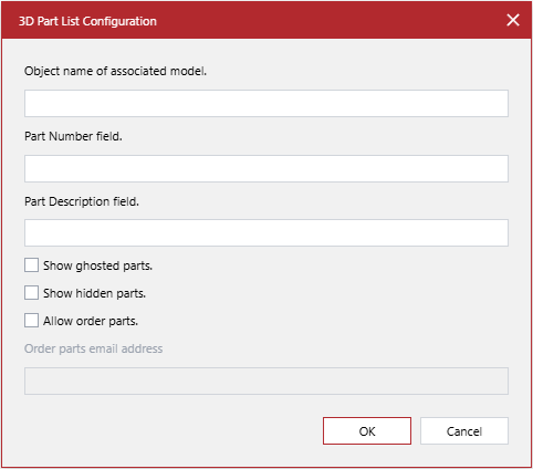 The 3D Part List Configuration pop-up dialog with the default settings