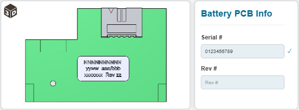 The 3D model of a PCB and the Battery PCB Info data capture gadget to record the PCB serial number and revision