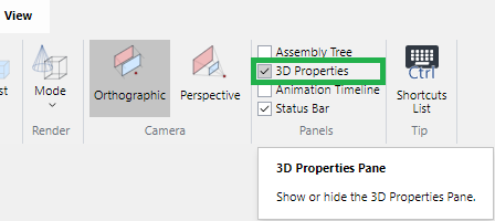 3D Properties Checkbox in the Visibility Panel on the View Ribbon Tab in 3D Edit Mode 