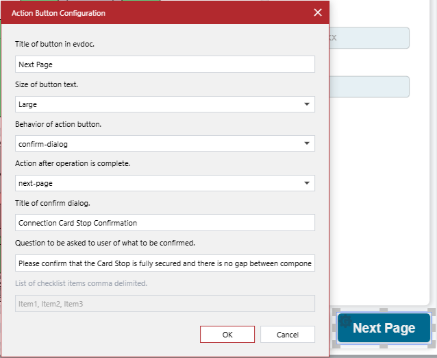 The Action Button Configuration pop-up dialog for the Next Page action button gadget
