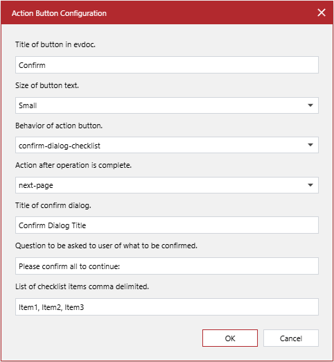 The Action Button Configuration pop-up dialog with the default settings