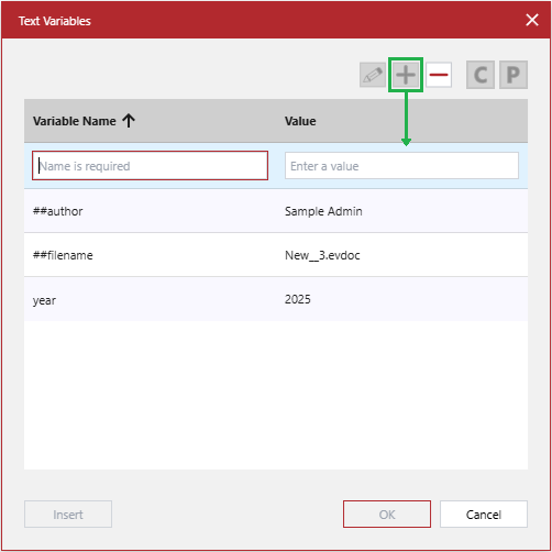 The Add Text Variable toolbar button adds a new blank row at the grid top in the Text Variables pop-up dialog