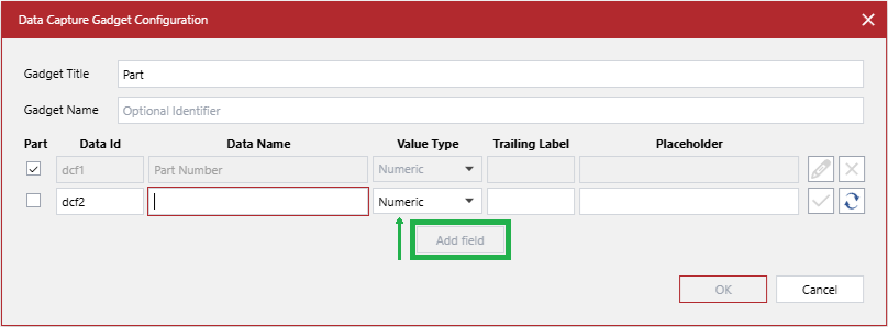 The Add field button creates a new row of data capture field settings in the Data Capture Gadget Configuration pop-up dialog