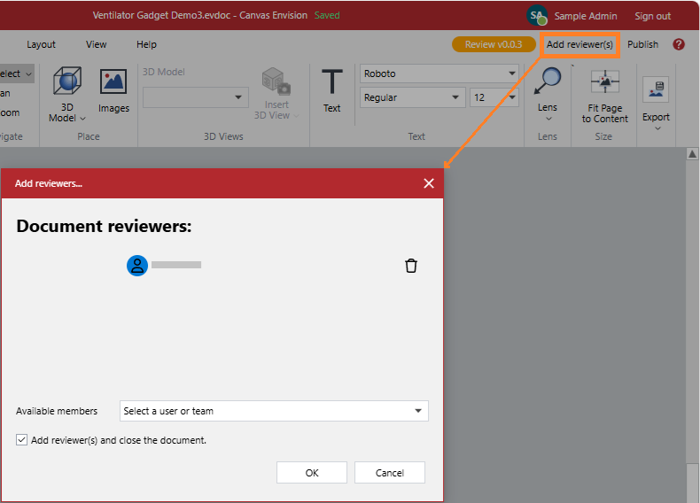 The Add reviewer(s) button on the ribbon shows the Add reviewers pop-up dialog with one reviewer