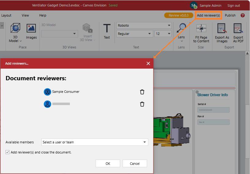 The Add reviewer(s) button on the ribbon shows the Add reviewers pop-up dialog