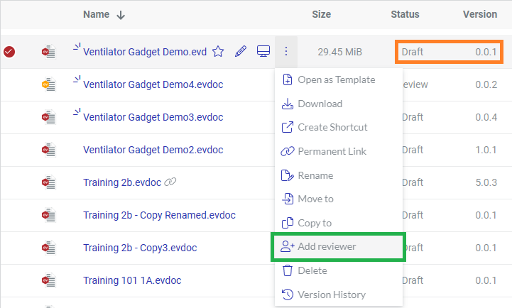 The Add reviewer action menu button for an Envision Document with the Draft status on the Canvas Envision Portal