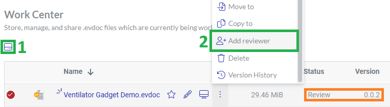 Add Reviewer action menu button for a document with the Review Status