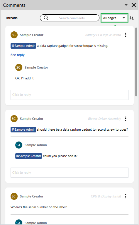 The All pages option of the drop-down list on the Comments pane toolbar displays all existing threads in the Comments pane