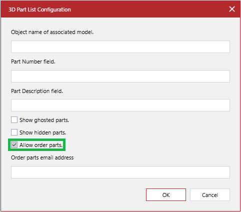 The Allow order parts checkbox is selected in the 3D Part List Configuration pop-up dialog