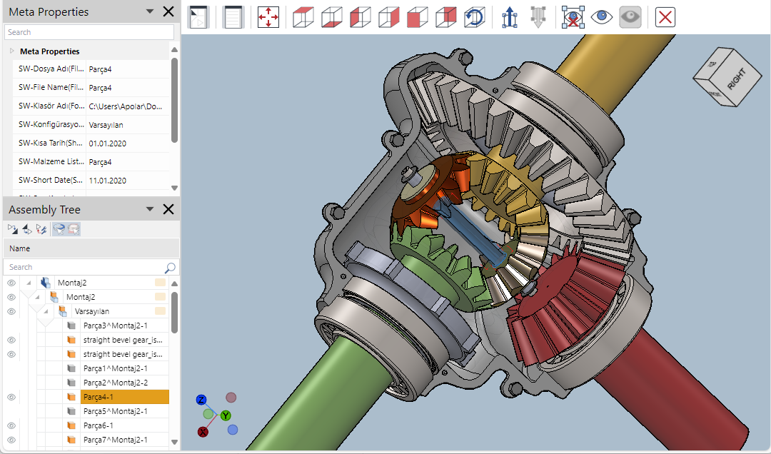 Assembly Tree and Meta Properties panes stacked on the left side of the 3D Viewer screen