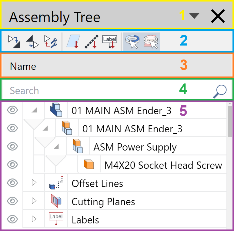 Composition of the Assembly Tree pane of the 3D Viewer