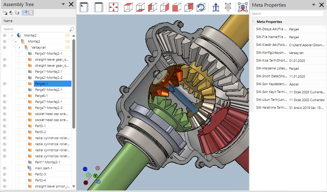 Assembly Tree pane docked to the left and Meta Properties pane docked to the right on the 3D Viewer screen