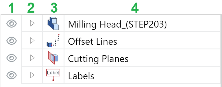 Assembly tree grid columns in the Assembly Tree pane of the 3D Viewer