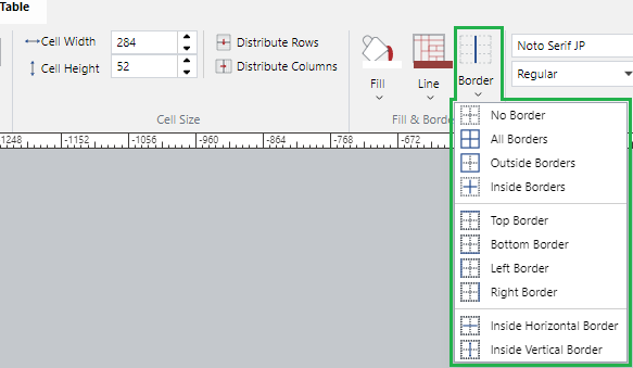 Border Drop-down Menu in the Fill and Border Panel on the Table Ribbon Tab