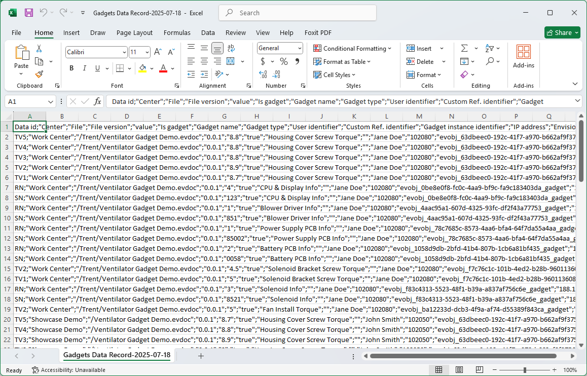 A CSV file with Gadgets Data Records opened in Microsoft Excel