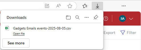 A CSV file with exported gadget data email series on the Downloads browser drop-down list
