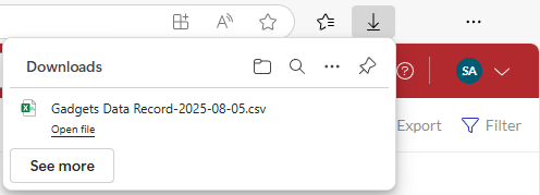 A CSV file with exported gadget data records on the Downloads browser drop-down list