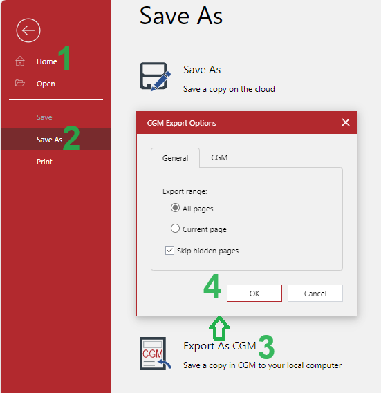 CGM export options Pop-up Dialog