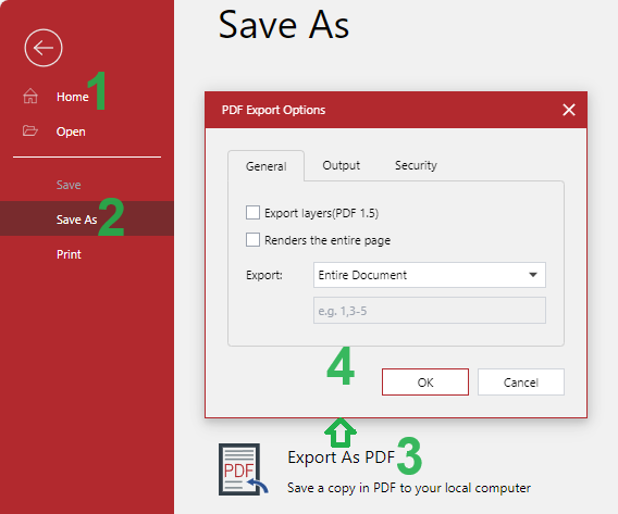 PDF export options Pop-up Dialog