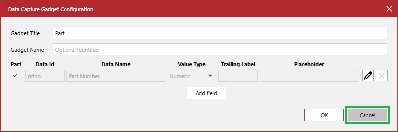 The Cancel button in the Data Capture Gadget Configuration pop-up dialog