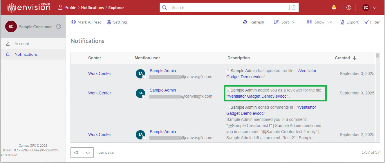 Canvas Envision Portal notifications that someone added you as a Reviewer