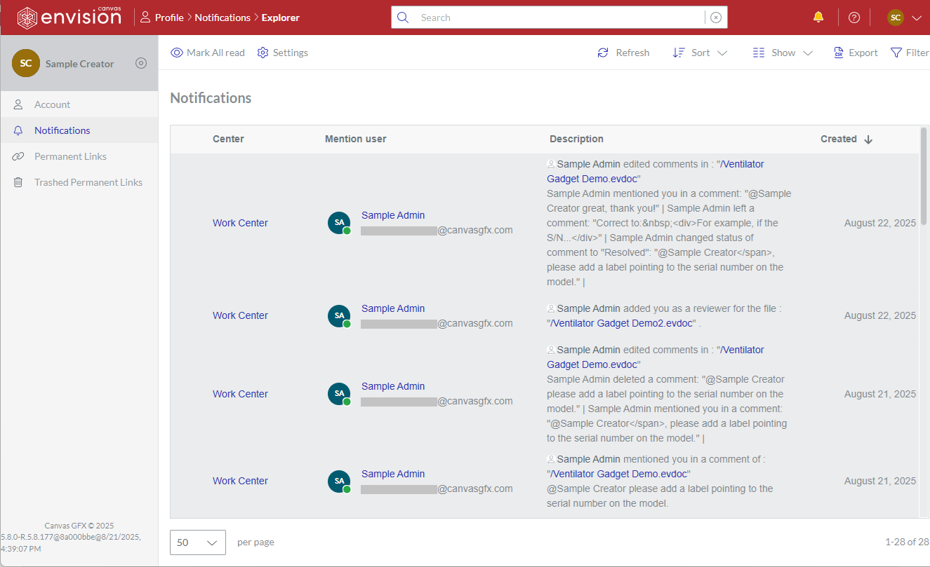 Canvas Envision Portal notifications on comment events