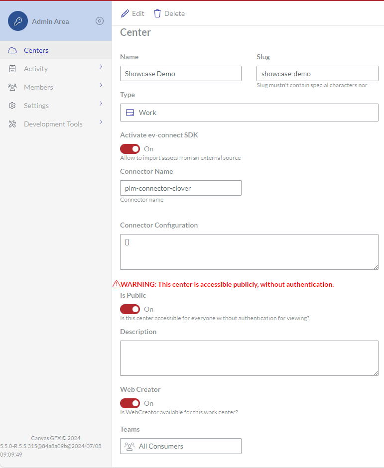 Center Page with the Admin Area Sidebar