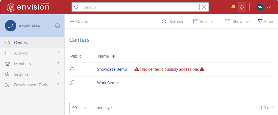 Centers page