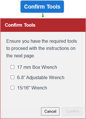 Clicking the Confirm Tools action button gadget displays the Confirm Tools confirmation dialog in the Canvas Envision Viewer