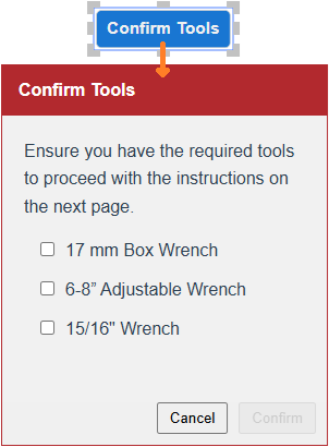 Clicking the Confirm Tools action button gadget displays the Confirm Tools confirmation dialog