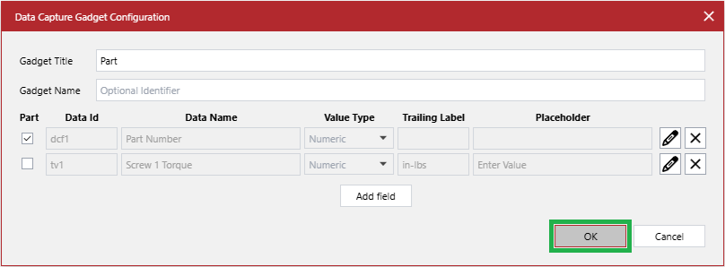 Clicking the OK button when creating a new data capture field in the Data Capture Gadget Configuration pop-up dialog