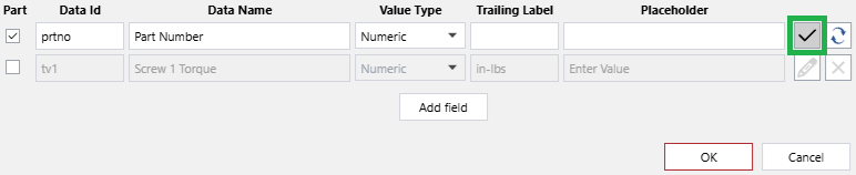 Clicking the Save field changes button of an existing row of data capture field settings in the Data Capture Gadget Configuration pop-up dialog