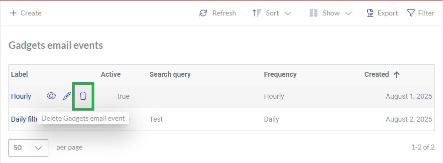 Clicking a gadget data email series from the Gadgets email events page content table for deletion