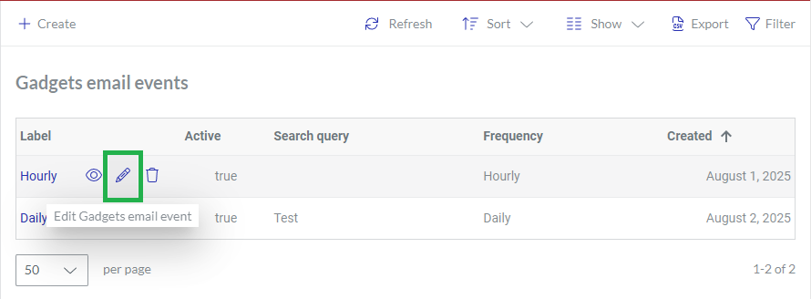 Clicking a gadget data email series from the Gadgets email events page content table for editing