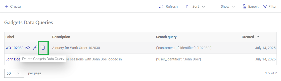 Clicking a gadget data query from The Gadgets Data Queries page content table for deletion