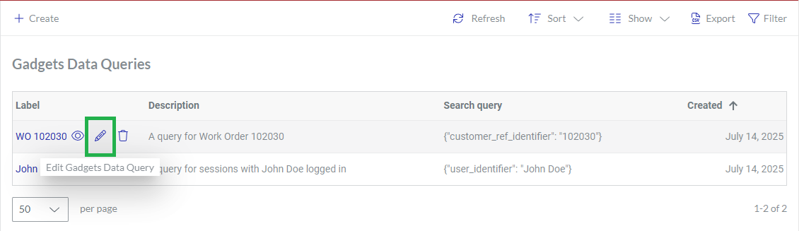 Clicking a gadget data query from The Gadgets Data Queries page content table for editing
