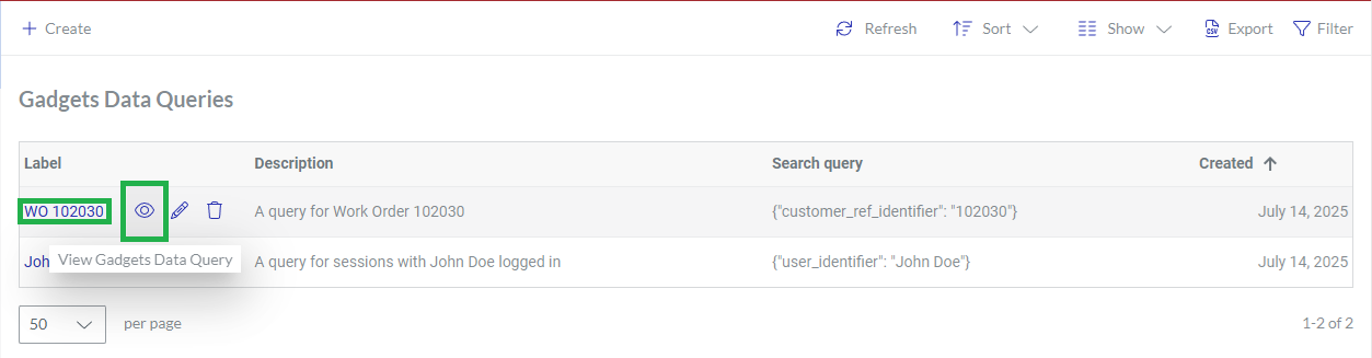 Clicking a gadget data query from The Gadgets Data Queries page content table for viewing
