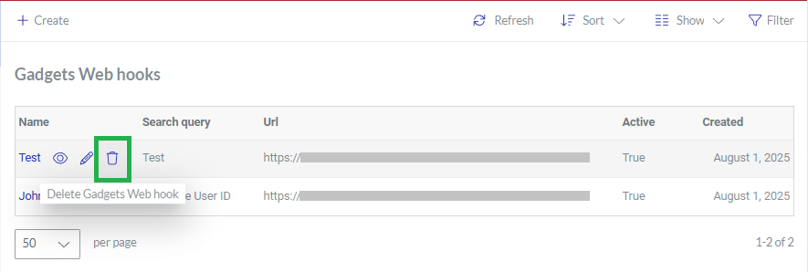 Clicking a gadget data webhook from The Gadgets Web hooks page content table for deletion