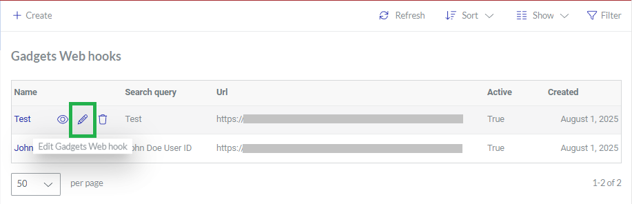 Clicking a gadget data webhook from the Gadgets Web hooks page content table for editing