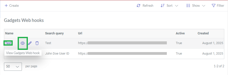 Clicking a gadget data webhook from the Gadgets Web hooks page content table for viewing