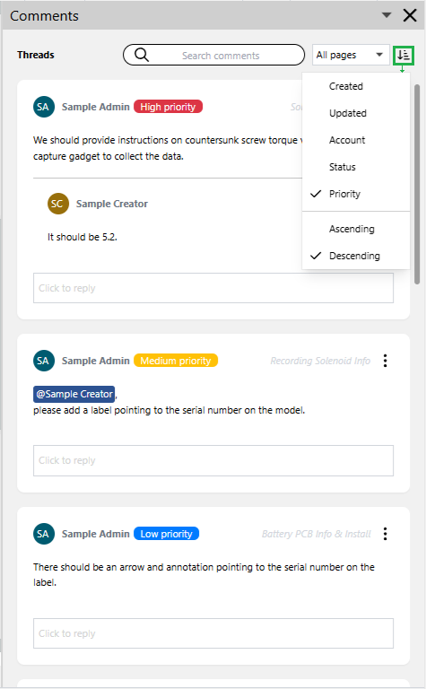 Comment threads sorted in the Comments pane against their priorities in the descending order