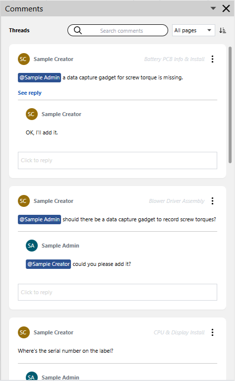 The Comments pane displays the threads unfiltered