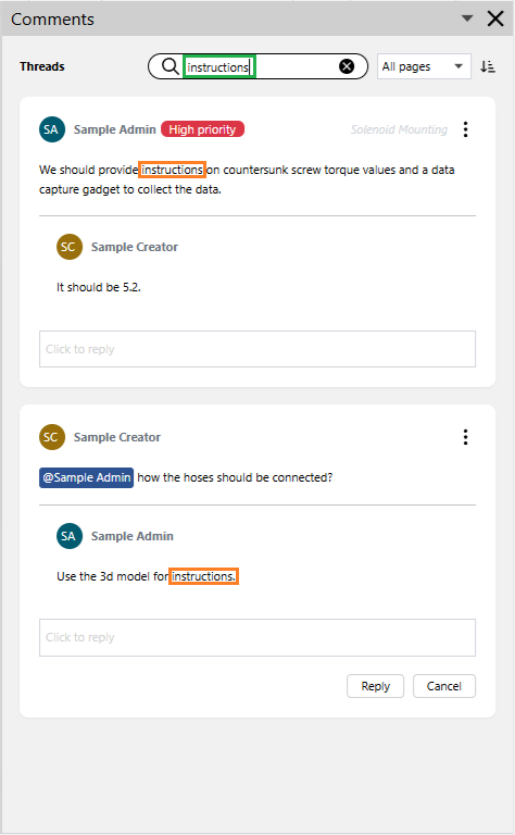 The Comments pane displays the threads whose initial message or a reply includes the 'instructions' keyword typed in the pane toolbar search field
