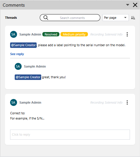The Comments pane with two comment threads