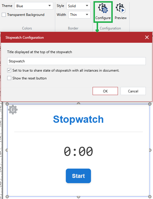 The Configure button in the Configuration panel of the Gadget contextual ribbon tab shows the Stopwatch Configuration dialog for a stopwatch gadget
