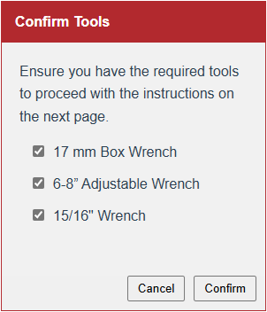 The Confirm button is active when all checkboxes are selected in the Confirm Tools confirmation dialog
