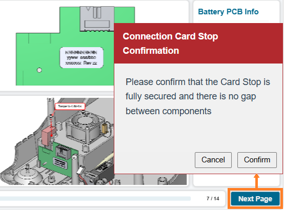 Connection Card Stop Confirmation dialog raised by the Next Page action button gadget