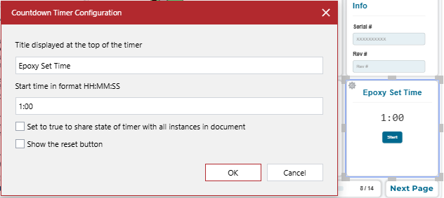 The Countdown Timer Configuration pop-up dialog for the Running Epoxy Set Time countdown timer gadget