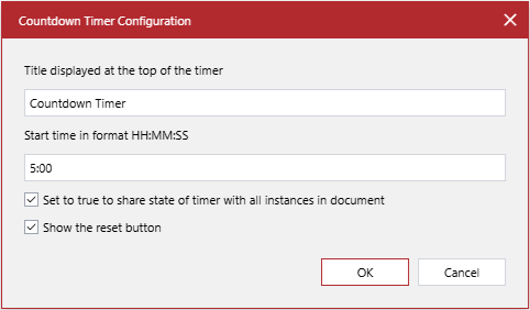 The Countdown Timer Configuration pop-up dialog with the default settings